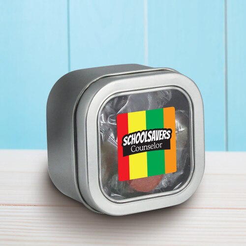 square tin with schoolsaver message and individually wrapped lifesavers