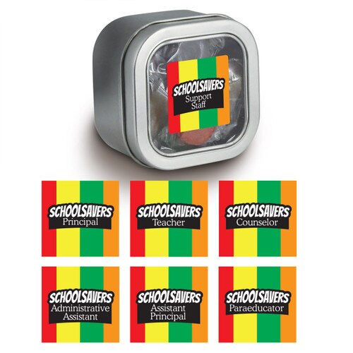 multiple staff titles options for a square tin filled with life saver candies