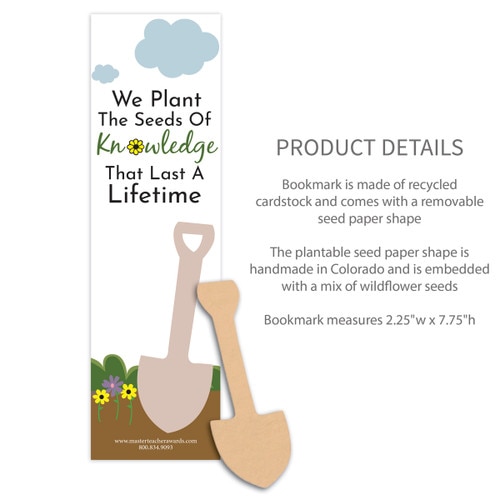 bookmark with we plant the seeds of knowledge message and product details