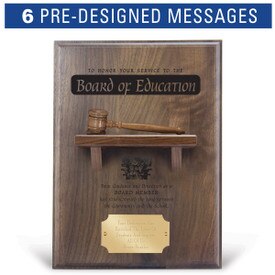 service to the board message on a walnut plaque with a shelf, wooden gavel and personalized brass plate