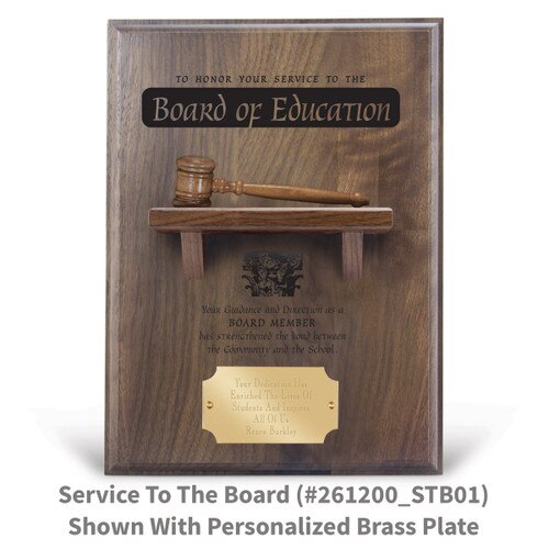 service to the board message on a walnut plaque with a shelf, wooden gavel and personalized brass plate