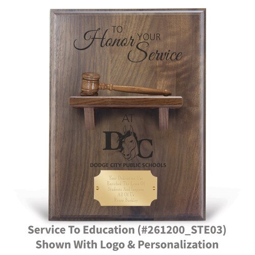 to honor your service message on a walnut plaque with a shelf, wooden gavel and personalized brass plate