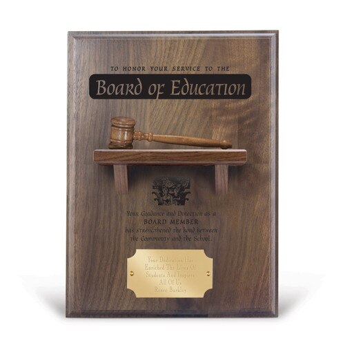 service to the board message on a walnut plaque with a shelf, wooden gavel and personalized brass plate