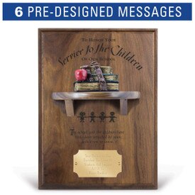 service to the children message on a walnut plaque with a shelf, resin stack of books and personalized brass plate