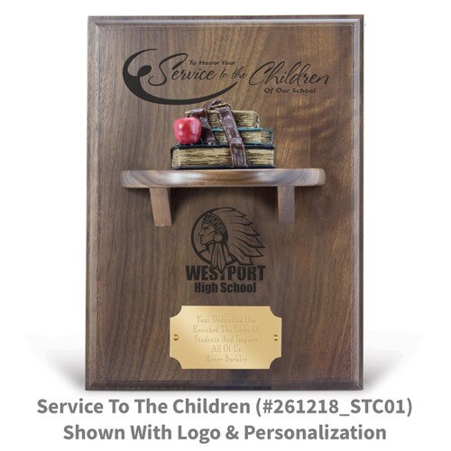 service to the children message on a walnut plaque with a shelf, resin stack of books and personalized brass plate