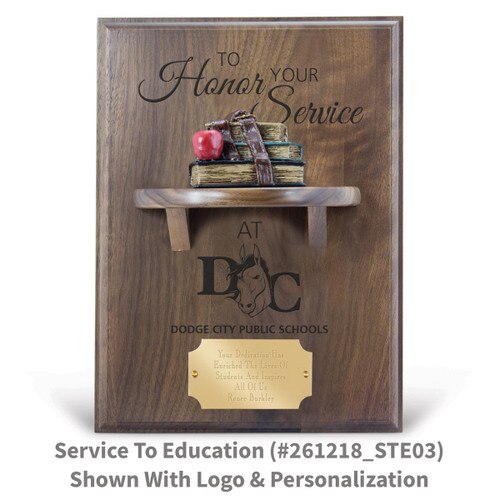 to honor your service message on a walnut plaque with a shelf, resin stack of books and personalized brass plate