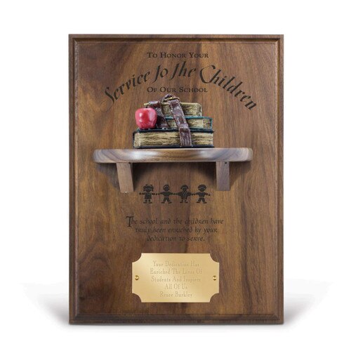 service to the children message on a walnut plaque with a shelf, resin stack of books and personalized brass plate