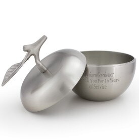 silver apple dish with brass stem and personalization