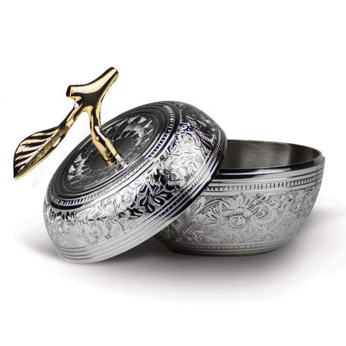 silver embossed apple dish with brass stem