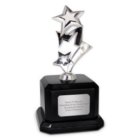 Silver shooting star base award featuring chrome-finished solid metal star attached to a polished black piano finish base.