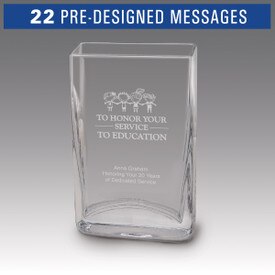 Small crystal vase featuring etched pre-designed service to education message.