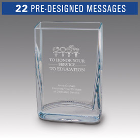 Small crystal vase featuring etched pre-designed service to education message.