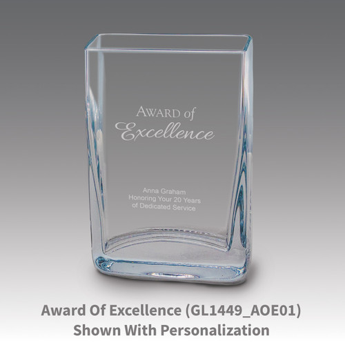 Small crystal vase featuring etched pre-designed award of excellence message.