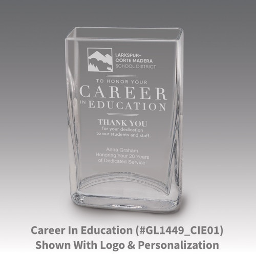Small crystal vase featuring etched pre-designed career in education message.