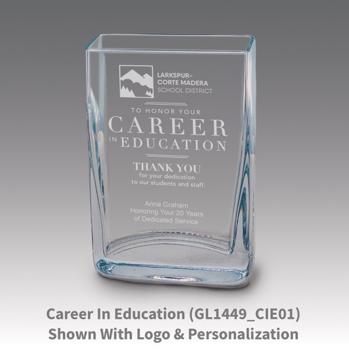 Small crystal vase featuring etched pre-designed career in education message.
