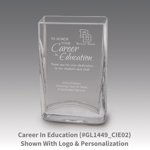 Small crystal vase featuring etched pre-designed career in education message.