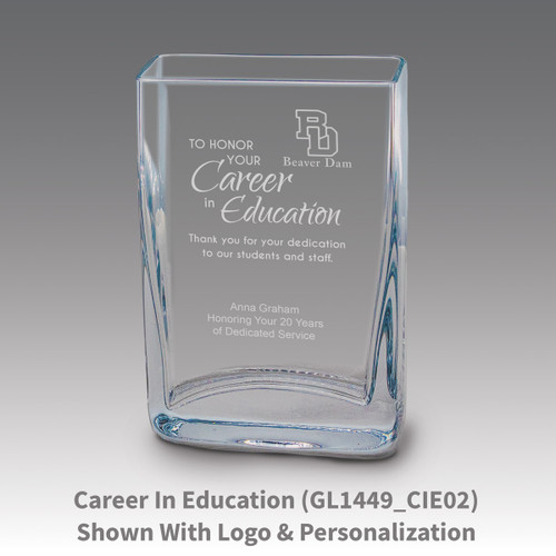Small crystal vase featuring etched pre-designed career in education message.