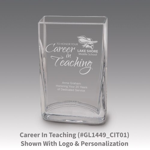 Small crystal vase featuring etched pre-designed career in teaching message.