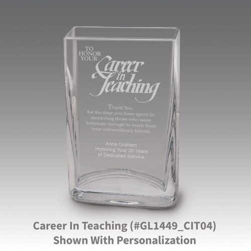 Small crystal vase featuring etched pre-designed career in teaching message.