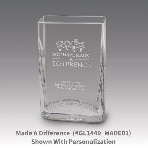 Small crystal vase featuring etched pre-designed made a difference message.