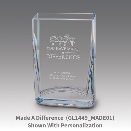 Small crystal vase featuring etched pre-designed made a difference message.