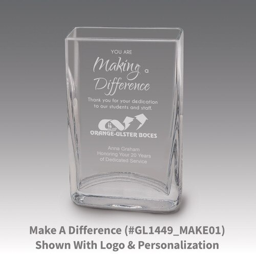 Small crystal vase featuring etched pre-designed making a difference message.