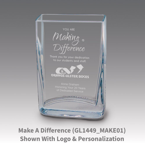 Small crystal vase featuring etched pre-designed making a difference message.