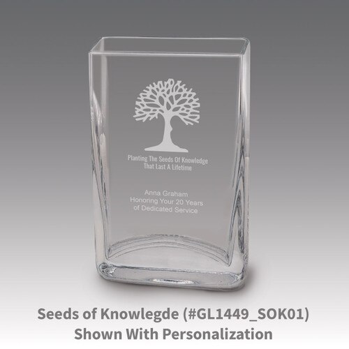 Small crystal vase featuring etched pre-designed seeds of knowledge message.