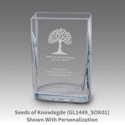 Small crystal vase featuring etched pre-designed seeds of knowledge message.