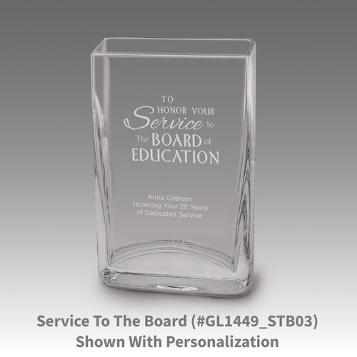 Small crystal vase featuring etched pre-designed service to the board message.