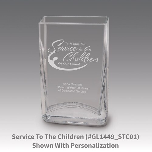 Small crystal vase featuring etched pre-designed service to the children message.
