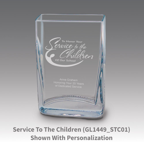 Small crystal vase featuring etched pre-designed service to the children message.