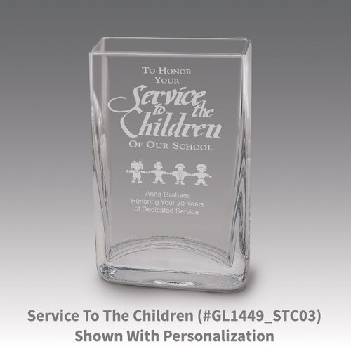 Small crystal vase featuring etched pre-designed service to the children message.