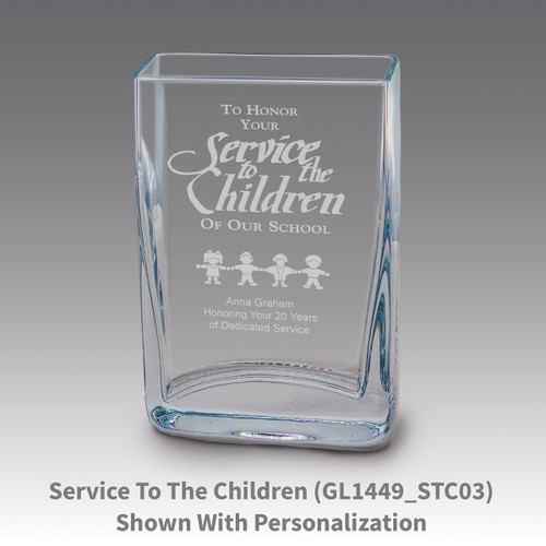 Small crystal vase featuring etched pre-designed service to the children message.