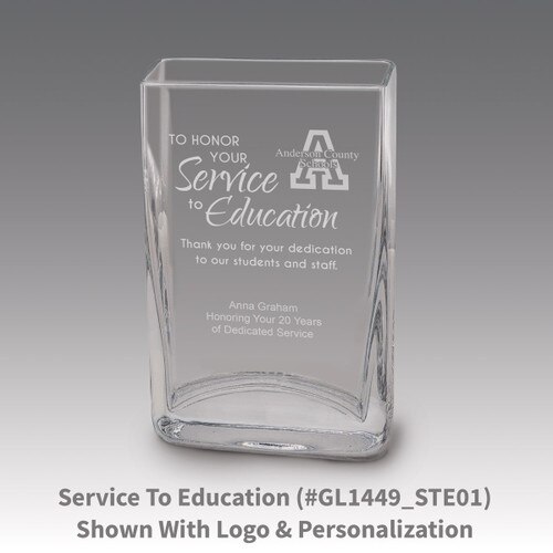 Small crystal vase featuring etched pre-designed service to education message.