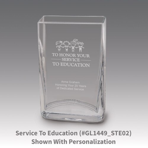 Small crystal vase featuring etched pre-designed service to education message.