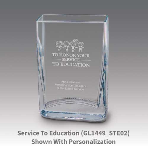 Small crystal vase featuring etched pre-designed service to education message.