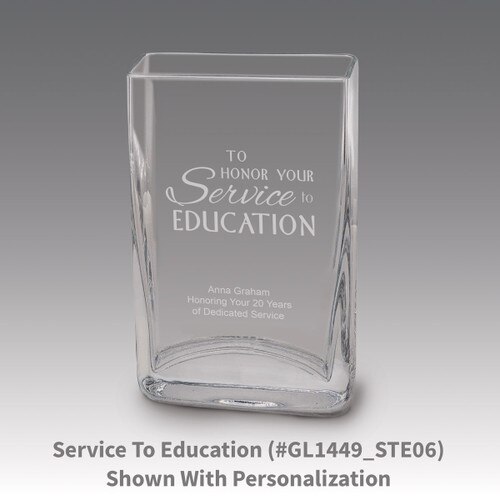 Small crystal vase featuring etched pre-designed service to education message.