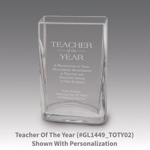 Small crystal vase featuring etched pre-designed teacher of the year message.