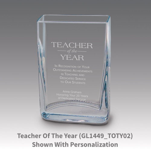 Small crystal vase featuring etched pre-designed teacher of the year message.