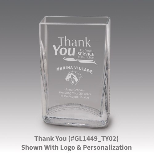 Small crystal vase featuring etched pre-designed thank you message.