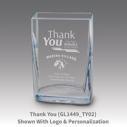 Small crystal vase featuring etched pre-designed thank you message.
