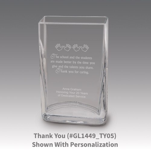 Small crystal vase featuring etched pre-designed thank you message.