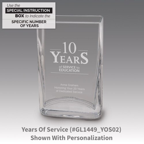 Small crystal vase featuring etched pre-designed years of service message.