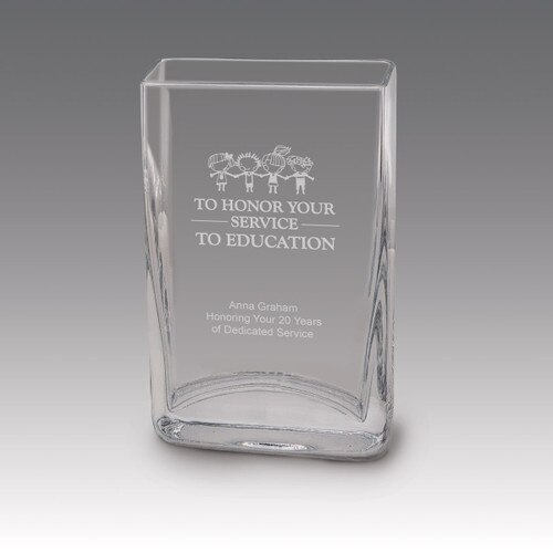 Small crystal vase featuring etched pre-designed service to education message.