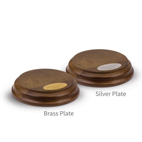 two solid walnut small round bases with personalized brass and silver plates