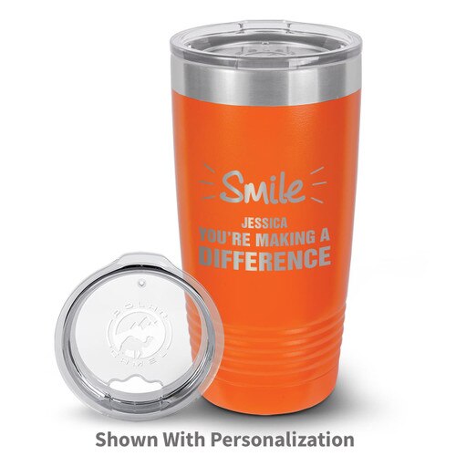 orange stainless steel tumbler with smile you're making a difference message and personalization