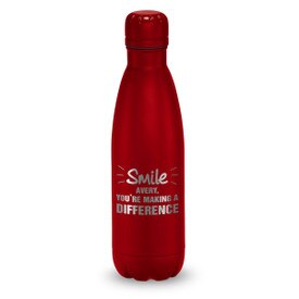red stainless steel water bottle with smile you're making a difference message