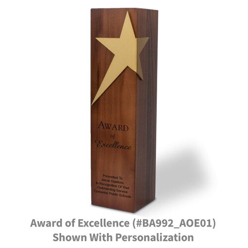 solid walnut trophy with brushed gold star accent and award of excellence message