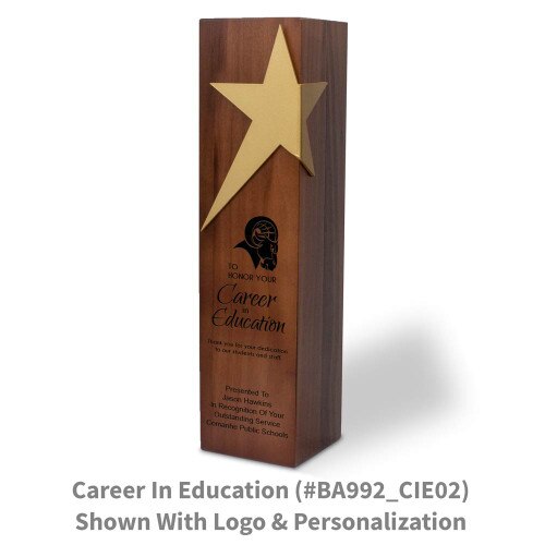 solid walnut trophy with brushed gold star accent and career in education message